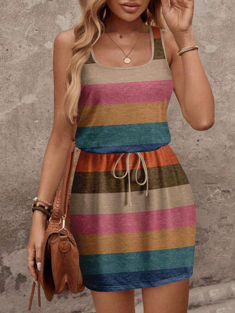 Vestido corto casual de mujer con estampado de hojas azul y blanco, adecuado para primavera/verano, casual - Multicolor 3 - Ver 1