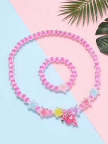 2pcs/Set Girls Cute Cartoon Flamingo Pendant Necklace Beaded Bracelet Jewelry Set, Random Color, Suitable For Girls Vacation Casual And Daily Wear, Perfect Gift - one-size - View 4