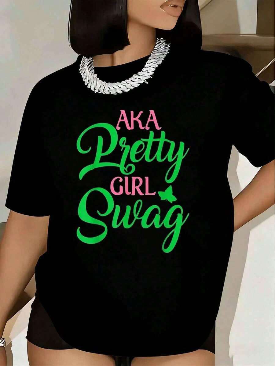 Women's T-Shirt With "Aka Pretty Girl Swag" Print, Short Sleeves, Round Neck, Casual, Street Fashion, 220g - 黑色 - 查看 1