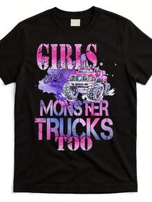 Graphic T-Shirt For Men And Women - Monster Truck Print T-Shirt - 180g Pure Cotton Crew Neck T-Shirt With Adorable Girl And Truck Designs, Size S, Casual Short Sleeve T-Shirt, Comfortable To Wear All Year Round. - 黑色 - 查看 7