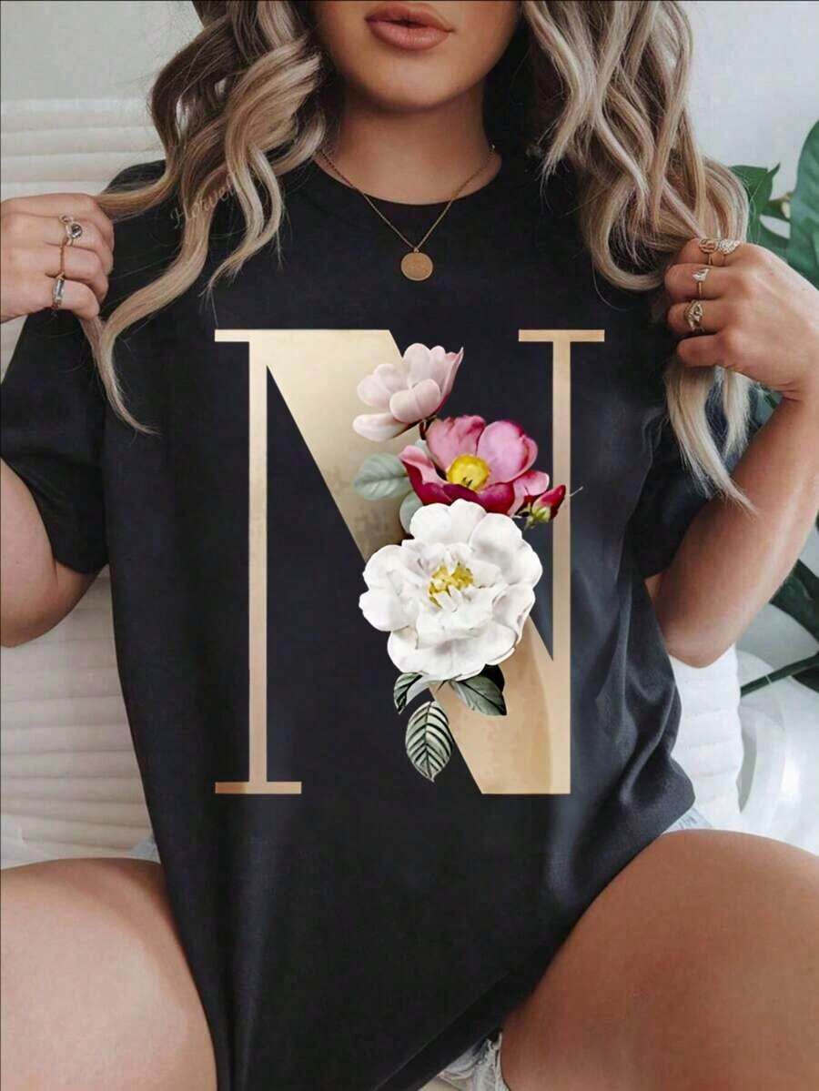 Women's Casual Short Sleeve T-Shirt - Gold Letter N Print With Floral Arrangement, Round Neck, Summer Top, Machine Washable, Ladies' T-Shirts, Casual Wear, Modern Style, Comfortable Fit
-White Blouses For Women Shirt - 黑色 - 查看 1