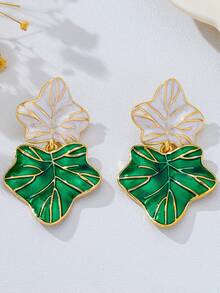 一对珐琅枫叶耳环，双色，金色叶脉饰边，清新百搭，优雅长款耳环 - 綠松石色 - 查看 4