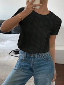 Camiseta de cuello redondo de manga corta de unicolor para mujer, versátil para el verano - Negro - Ver 5