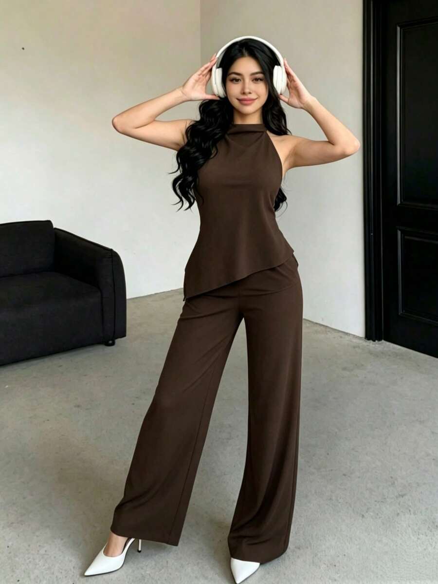 Conjunto de top halter y pantalones de color café claro, estilo sencillo para ir al trabajo - Café integral - Ver 1