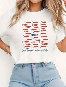 Women's Graphic T-Shirt "Create Your Own Waves" - Red Fish Print And Blue Letters, Casual Crew Neck Top, Breathable, Short Sleeve. - 白色 - 查看 8