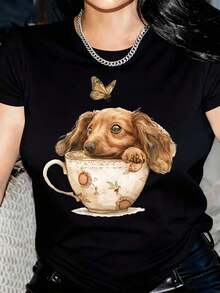 Nuevas llegadas para el verano. Camiseta Casual de Manga Corta para Mujer - Diseño Gráfico de Dachshund en Taza de Té y Mariposa para Pascua, Suave, Cuello Redondo, Corte Regular, Lavable a Máquina, Top de Primavera Verano, Camiseta con Estampado de Perro, Material Semitransparente, Top para Uso Diario, Camiseta Gráfica, Ligera, Camiseta Estampada, Blusa de Moda, Camisa > Hermosa. - Negro - Ver 6