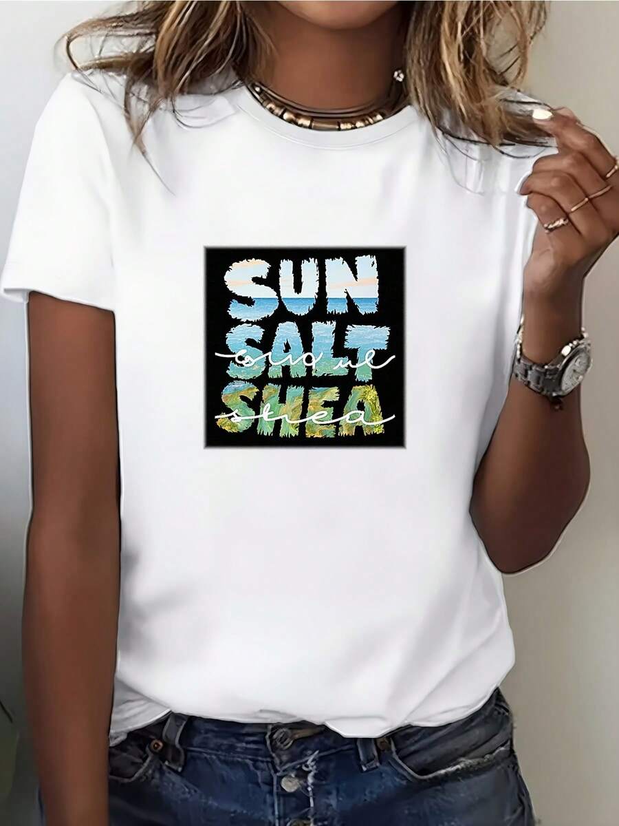 Salt Shea Print T-Shirt - Women's 180G Summer Casual T-Shirt, Perfect For Building Activities And Office Gifts, Modern And Comfortable Top, Suitable For Easter Celebrations - Unisex Vintage Urban Style Cotton T-Shirt, Short Sleeve And Round Neck. - 白色 - 查看 1