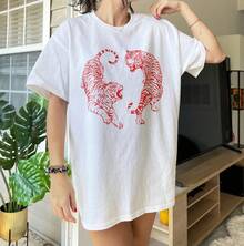 Camisa de Tigre Rojo, Ropa Preppy, Camisa Y2K, Ropa Estética, Camisetas con Gráficos Lindos, Arte de Tigre, Camiseta de Tigre, Blusas para mujer, Camisa, Motivo, Blusas para dama - Blanco - Ver 6