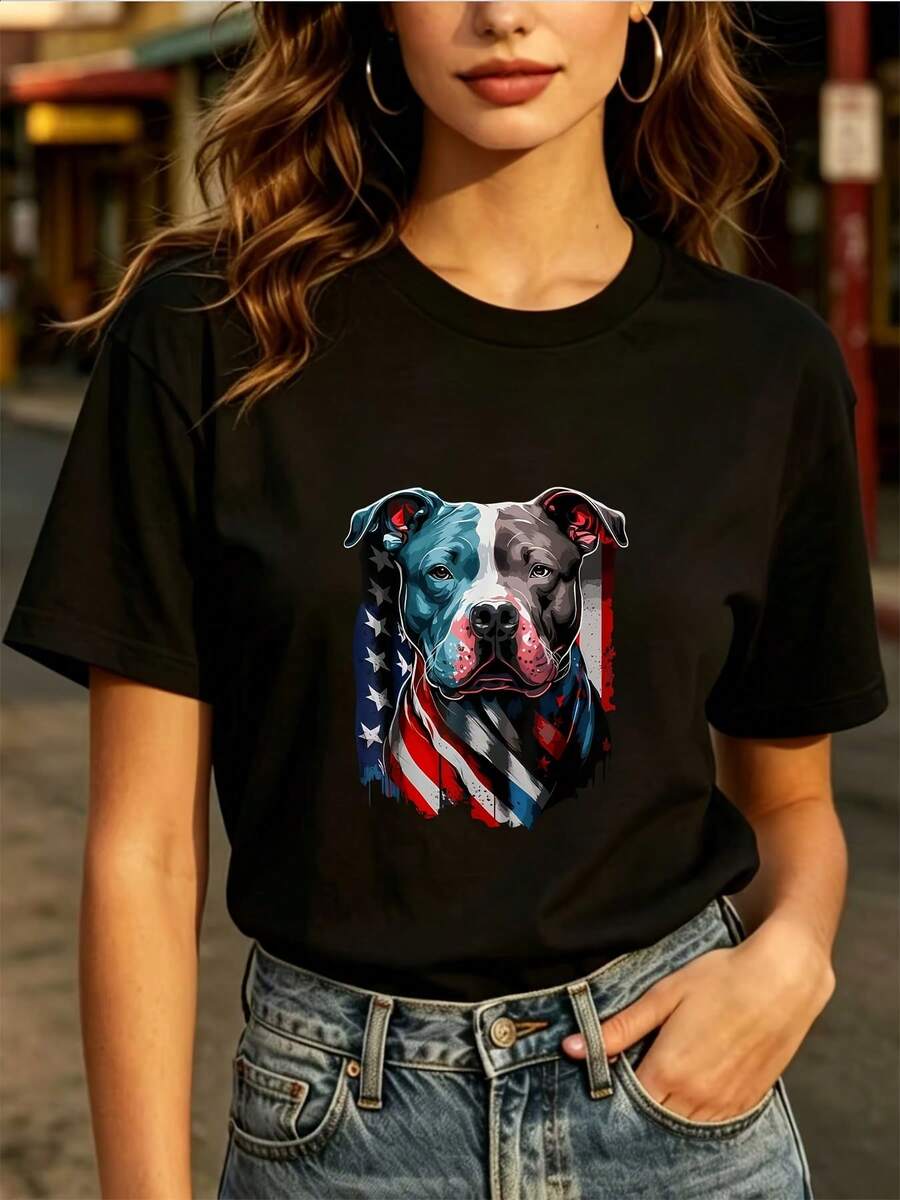 Soft, Fashionable 180gsm Patriotic Dog Print T-Shirt For Everyday Wear - Ideal For Patriotic Celebrations, Team Warm-Ups, And Family Gatherings - Perfect 4th Of July Gift. - 黑色 - 查看 1