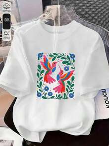 Camiseta de manga corta con cuello redondo y estampado para mujer. Perfecto para citas, desplazamientos diarios y salidas informales. Diseño clásico minimalista de cuello redondo, fácil de combinar y adecuado para todas las formas de cuerpo. - Blanco - Ver 1