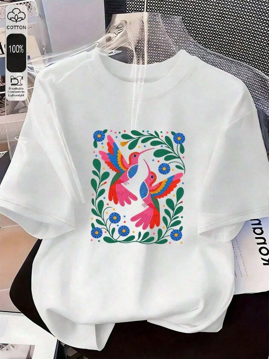 Camiseta de manga corta con cuello redondo y estampado para mujer. Perfecto para citas, desplazamientos diarios y salidas informales. Diseño clásico minimalista de cuello redondo, fácil de combinar y adecuado para todas las formas de cuerpo. - Blanco - Ver 1