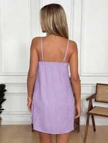 Vestido camisero casual de vacaciones para mujer con decoración bordada de flores 3D - Morado - Ver 7