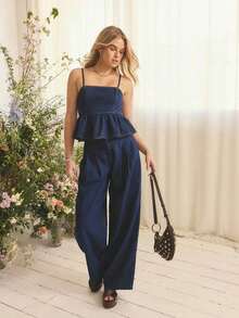 Conjunto de verano para mujer con top casual de tela de mezclilla suave, con tirantes de espagueti, bajo con volantes, ajustado al busto y silueta fluida - Azul lavado oscuro - Ver 6