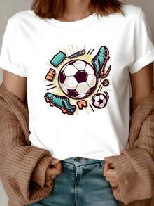 A Soccer Ball Surrounded By Sports Boots And Accessories Symbolizing Energy, Passion, And Teamwork; A Comfortable And Modern Women's T-Shirt For Sports Lovers - 白色 - 查看 8