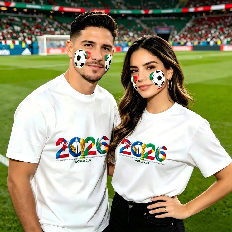 Couple football pattern T-shirt, 100% cotton, loose fitting, soft and breathable, casual round neck short sleeved top World Cup 2026 Soccer Ball Flag Design Printed patterns, dating, leisure travel, gatherings, simple cartoon printing style, high cost-effectiveness Suitable for watching live sports - Blanco - Ver 1