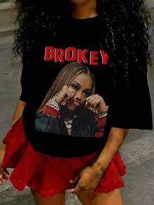 1 Piece SoftTween Girl's Cotton Clothing, Y2K Inspired Letter Print T-Shirt - Casual Crew Neck, Short Sleeve, Machine Washable - Perfect For Spring/Summer/Autumn, Fashion, Streetwear, Unisex, For Men And Women, Vintage Style. - 黑色 - 查看 7