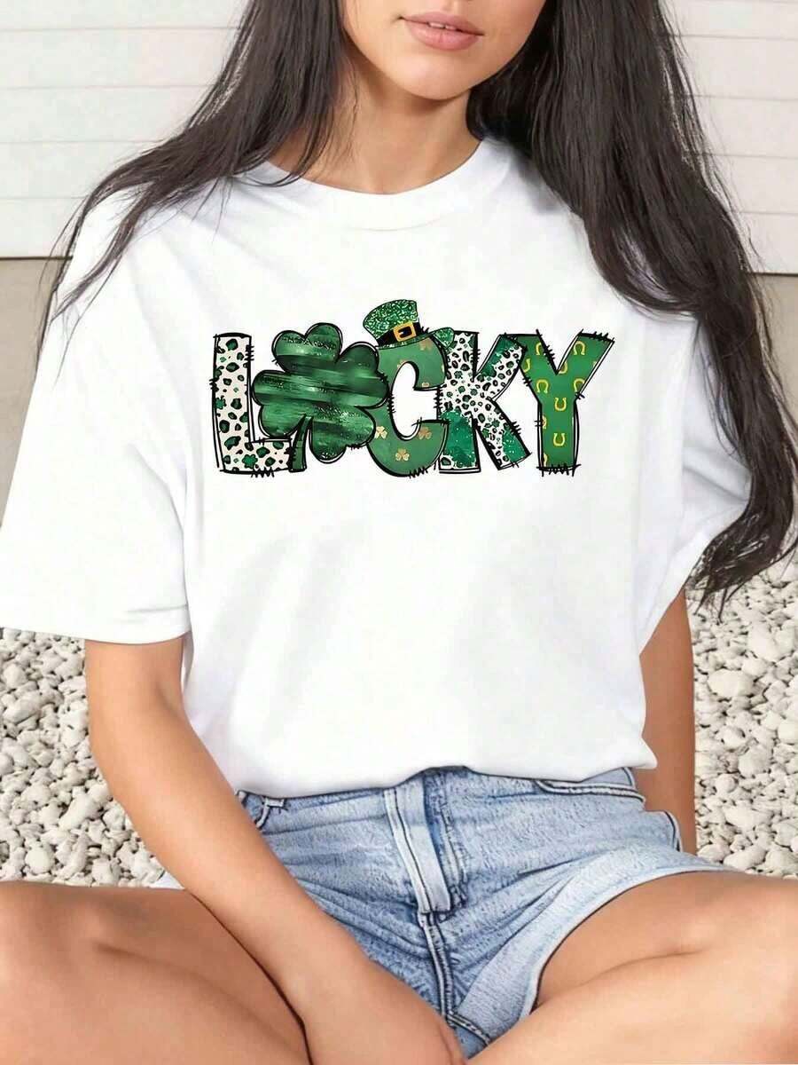1 Piece Women's T-Shirt With Lucky Pattern And Text Print, Green, For Festival And Daily Wear, Round Neck, Short Sleeve, Soft And Comfortable, 220g/180g, 100% Cotton - 白色 - 查看 1