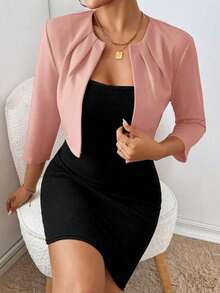 Blazer de moda casual y de negocios con frente abierto y plisado, de manga larga, para otoño/invierno - Rosa - Ver 5