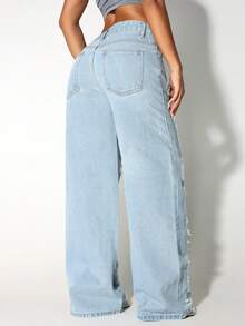 Celana Jeans Wanita Model Low Waist Wide Leg Casual Blue Distressed Slant Pocket Curved - Breezy Blue - View 3
