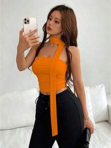 Top bandeau de unicolor minimalista para mujer, para uso casual diario - Naranja - Ver 4
