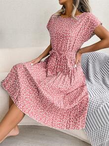 Vestido largo plisado de manga corta para mujer, de cintura alta vestido elegante, moda Floral, línea A, primavera y verano - Amarillo - Ver 4