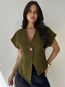 Blusa casual de manga murciélago asimétrica de unicolor mostaza, elegante, simple, estilosa y minimalista, versátil para el uso diario y el transporte, de alta gama, minimalista y desconstructiva, con manga de murciélago oversize y cuello en V de - Verde militar - Ver 6