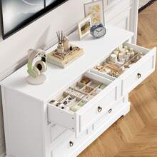 Commode à 6 tiroirs, 120 cm de large, commode aspect bois, buffet, commode - Blanc - Voir 4