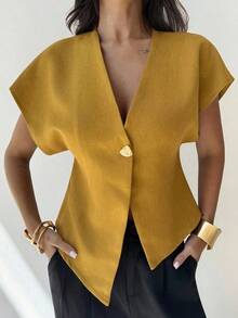 Blusa casual de manga murciélago asimétrica de unicolor mostaza, elegante, simple, estilosa y minimalista, versátil para el uso diario y el transporte, de alta gama, minimalista y desconstructiva, con manga de murciélago oversize y cuello en V de - Amarillo - Ver 7