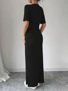 Vestido largo de mujer de unicolor con cuello en V, bajo con abertura, manga corta - Vestido maxi de mujer ajustado - Vestido de mujer elegante y clásico de alta calidad - Negro - Ver 2