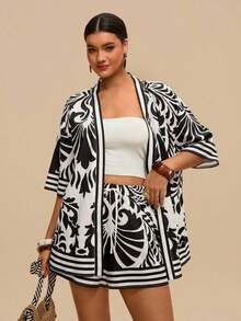 2 piezas Conjunto de talla grande Chaqueta de manga corta con estampado de leopardo, casual y de moda para uso diario - Multicolor 7 - Ver 5