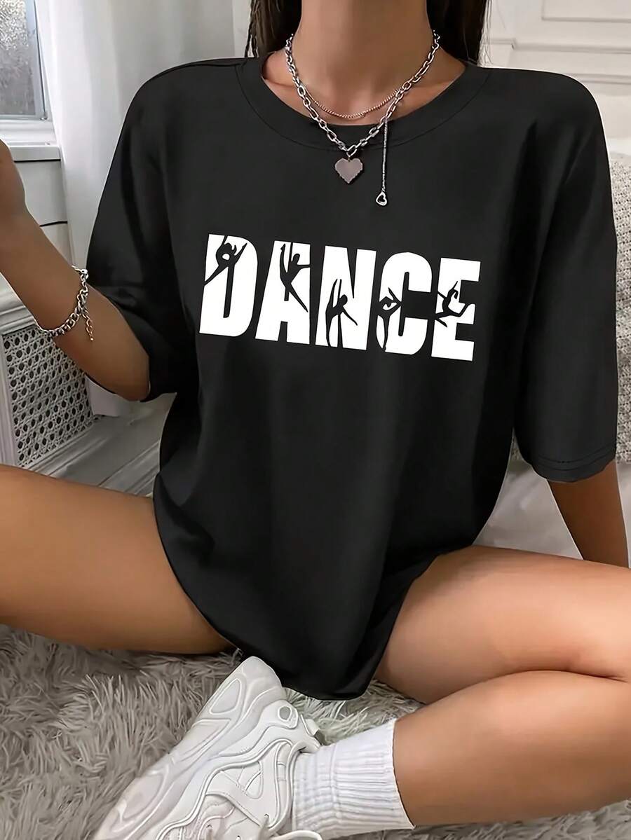 Women's Modern, Casual T-Shirt, Perfect For Parties And Lounging At Home, 100% Cotton, Loose Fit. The Dance Element T-Shirt Exudes Energy, Instantly Giving You A Youthful Vibe. - 黑色 - 查看 1