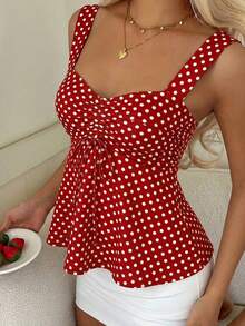 Nueva Colección Primavera/Verano 2026 para Mujer: Blusa/Top sin Mangas con Volantes y Cordón Ajustable, Estampado de Lunares Amarillo Buttercup y Marrón, Estilo Casual y Versátil, Top de Verano - Rojo - Ver 4