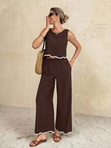 Conjunto de 2 piezas de top de tirantes y pantalones de moda casual de vacaciones para mujer - Marrón - Ver 8