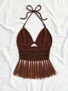 Top de punto con cuello de halter, bajo con flecos y cuentas para mujer, adecuada para vacaciones, citas, té de la tarde, playa, crucero, viaje a la ciudad, temporada de bodas, festival de música, vacaciones bohemias - Café integral - Ver 4