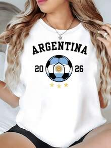 A Ball With The Colors Of Argentine Pride, Accompanied By The Sun And Three Stars That Represent The Passion For Football. A Cool And Comfortable Casual Women's T-Shirt To Support Your Team. - 白色 - 查看 8