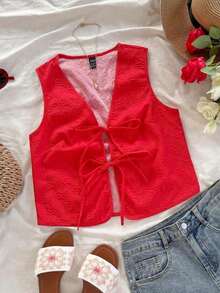 Camiseta de tirantes con textura informal para mujer - Rojo - Ver 3