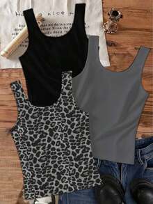 Set de 3 camisetas de tirantes de cuello redondo casuales para mujer, versátiles para el verano - Multicolor 4 - Ver 2