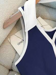 Blusa de mujer de moda casual y elegante con cuello polo, cuello vuelto, ajuste ceñido y escote en V sin espalda y sin mangas - Azul marino - Ver 4