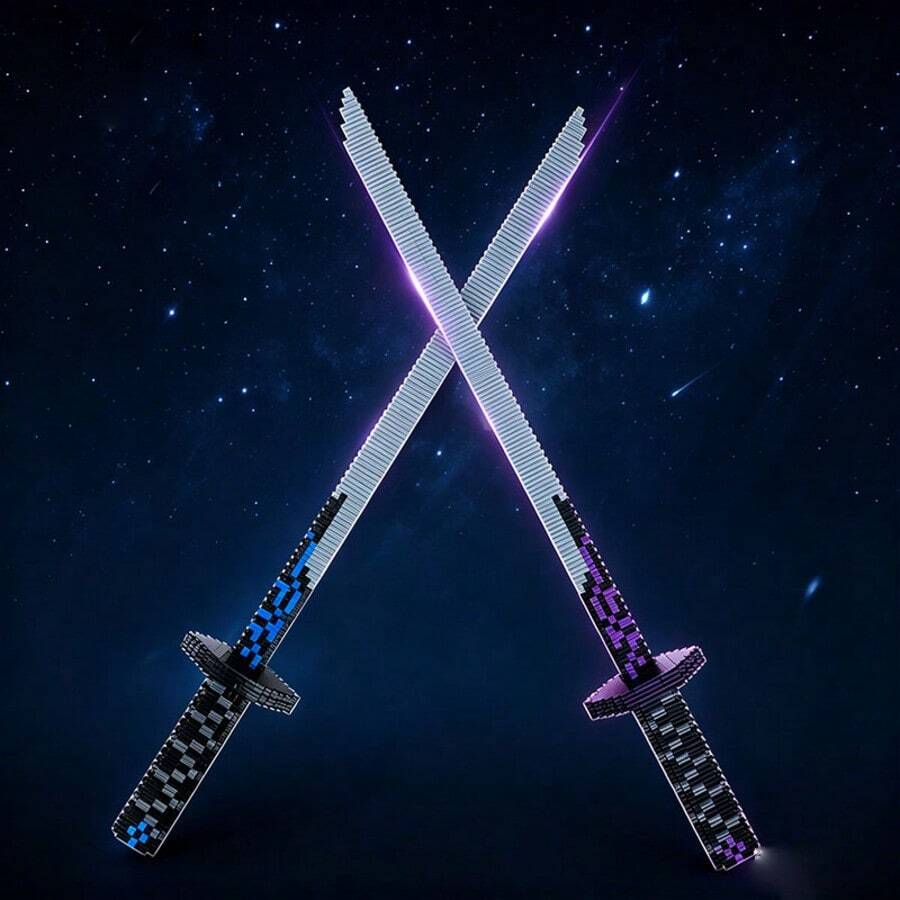 2-In-1 Blue & Purple Mini Building Block Knife Collectible Toy, Anime Merchandise, Handmade Stress Relief Decor - Multicolor - View 1