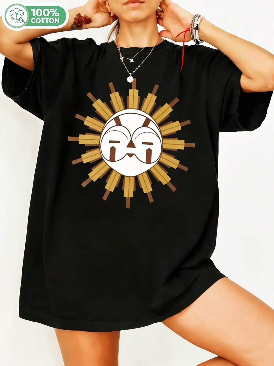 Expeditions 333 Clairr Obscur Sun Mask Symbol Minimalist Gold And White Graphic T-Shirt, Occult Mystical Casual Cotton T-Shirt For Gamer Fans. - 黑色 - 查看 1