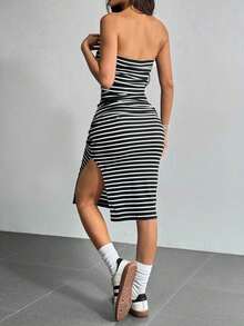 Vestido ajustado de tubo a rayas blancas y negras con abertura en los muslos para el atuendo de verano - Blanco y Negro - Ver 2
