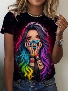 Camiseta para mujer con estampado de anime - Personaje de manga gótico kawaii con pelo azul y mechas rosas, camiseta casual negra de cuello redondo y manga corta, ajuste holgado para fiestas y uso diario (lavable a máquina) - Po - Negro - Ver 6