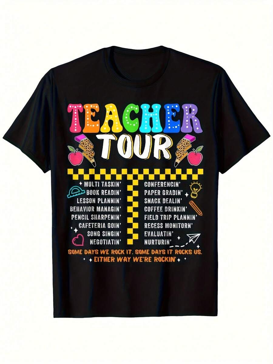 Camiseta Vintage Retro ABCD The Teacher Tour Divertida para el Primer Día de Regreso a la Escuela - Camiseta Unisex Casual de Algodón con Gráficos Retro, 100% Algodón, Tallas S-XXXL, Cuello Redondo, Manga Corta, Idea de Regalo Genial, Artículo de  Caliente, Suave y Transpirable, Camiseta Ligera de Cuello Redondo con Estampado Gráfico, Lavable a Máquina, Ropa Cómoda para Halloween, Día de la Igualdad de las Mujeres, Festival del Perro, Día del Trabajo, Inicio de la Temporada Escolar, Top para Ocasiones Festivas, Camiseta con Diseño Divertido. - Negro - Ver 1