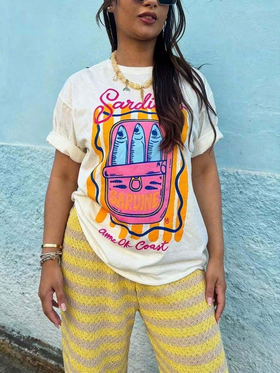1 Piece Of Casual Fashion For Men And Women, Short-Sleeved T-Shirt With Sardine Print, Round Neck, Regular Length, Casual, White, For Summer, Plus Size. Versatile, Easy To Match, For Everyday Wear, Urban Style, Vacation Wear, Weekend Wear. - 白色的 - 查看 1