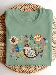 Women's Plus Size Summer Top With Crew Neck, Short Sleeves, Graphic Print Of Birds, Flowers And Blossoms In A Bohemian And Popular Style - Mint Green - View 6