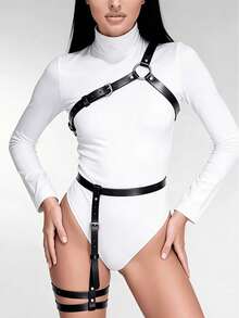 2pcs Gothic Style Black PU Leather Full Body Harness, Adjustable Metal Rings, Suitable For Bodysuit, Nightclub Party, Rave Outfit - Black - View 7