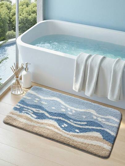 1-Piece Washable Ocean Blue Bathroom Mat, Soft And Comfortable, Suitable For Bathrooms, Kitchens, Outdoors, Indoors, Corridors, Bedrooms, Living Rooms, Bedside And Other Places, Machine Washable, Suitable For Bedroom And Bathroom Decoration, Japanese Minimalist Style, Holiday Bathroom Decoration, Decorative Carpet, Essential For Bathrooms, Outdoor Decorative Carpet