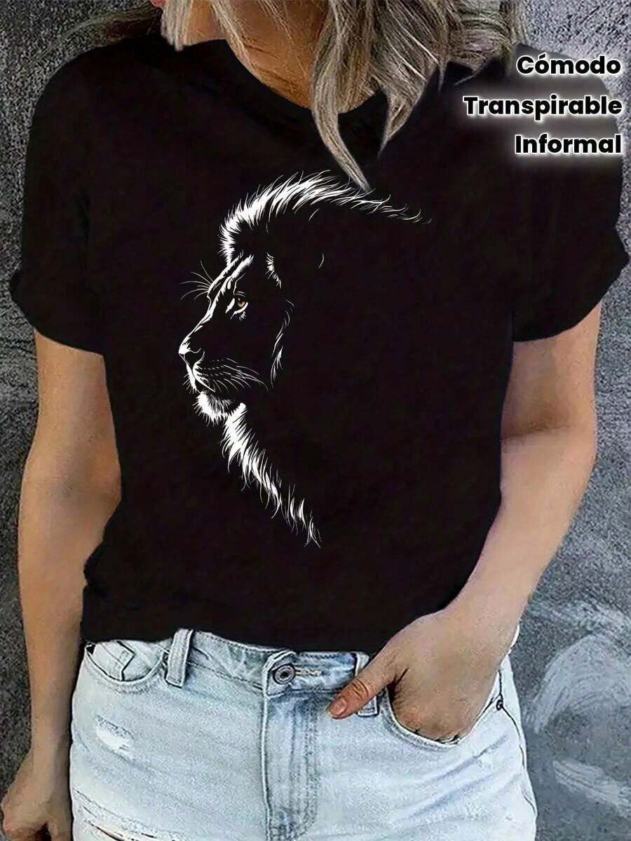 100% Cotton Women's Plus Size Casual T-Shirt With Lion Graphic - Black, Crew Neck, Short Sleeve, Slightly Stretchy Knit Fabric, Comfortable And Breathable Top For All Seasons - 黑色 - 查看 1