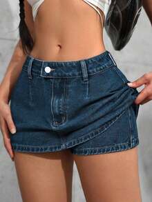 Tall Minifalda vaquera ultracorta, de moda para el verano - Azul lavado oscuro - Ver 7