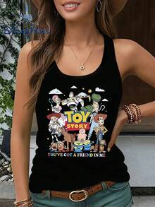 Disney's 2026 New Authorized Toy Story Classic Character Print Pattern Ladies Explosions Merchandise Print Pattern Round Neck Sleeveless Vest T-Shirt Casual And Comfortable Fashion Joker Casual And Comfortable Sleeveless Vest Ladies Summer Casual Fashion Vest Suitable For Spring, Summer And Autumn Casual Wear Optimistic Design Elastic Fabric. - màu đen - Xem 6
